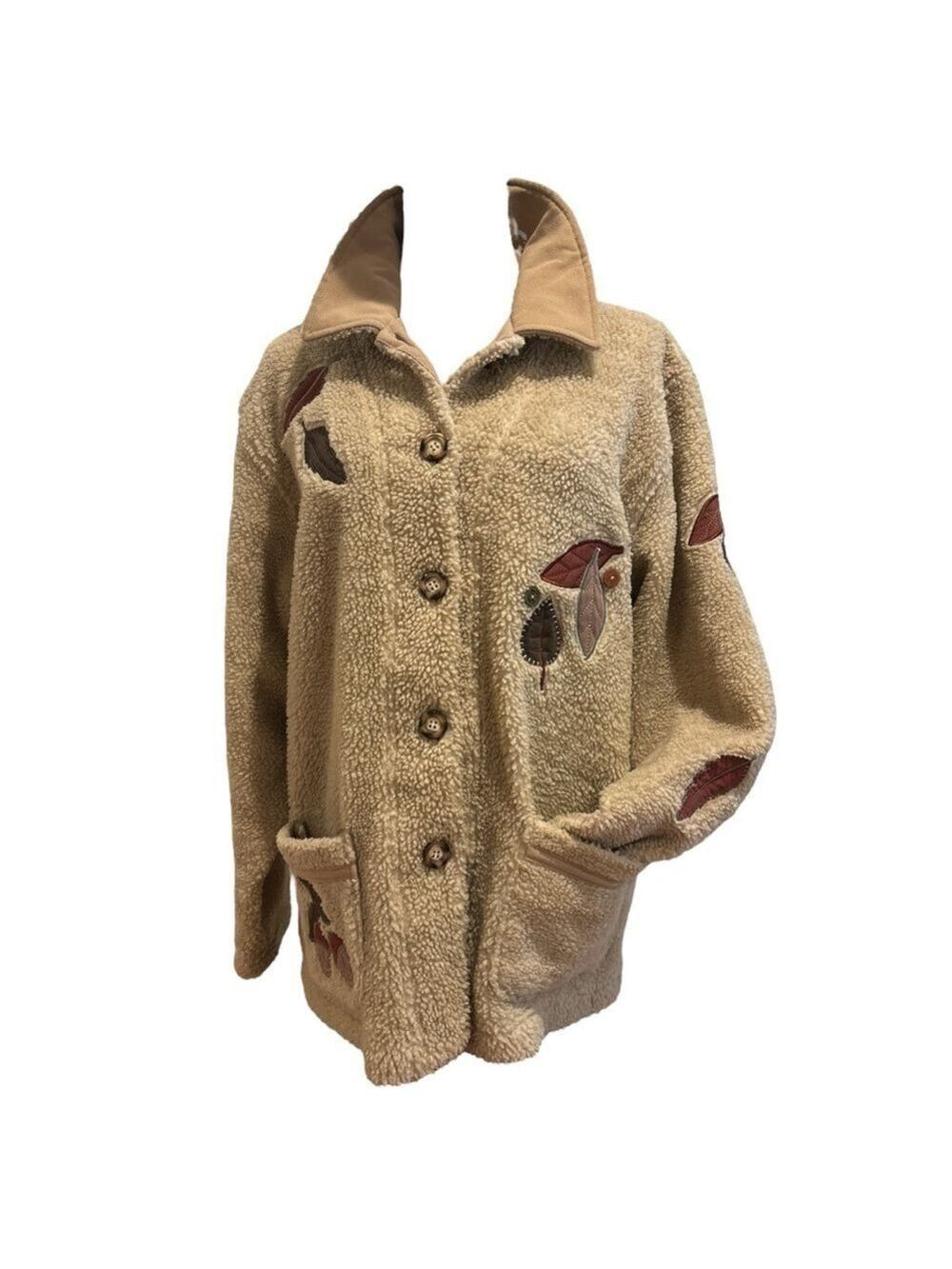 90s TEDDI TAN FLEECE JACKET AUTUMN THEMED LEAVES ACORNS APPLIQUES COTTAGECORE L